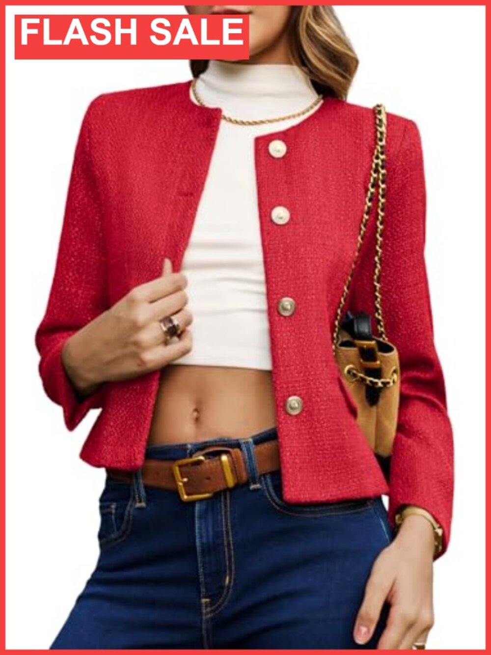 Cropped Tweed Blazer Collarless Button Down Business Casual Jacket